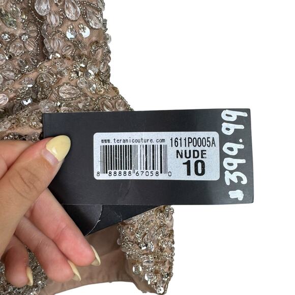 Terani Couture NEW Tan Sheer Mesh Rhinestone Sequin Beaded Mini Formal Dress - Picture 13 of 16